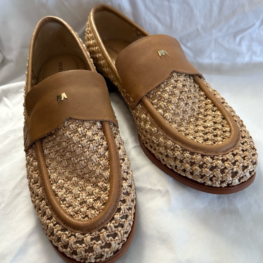 Birdies The Starling 20 tan openweave leather and raffia loafers size 9